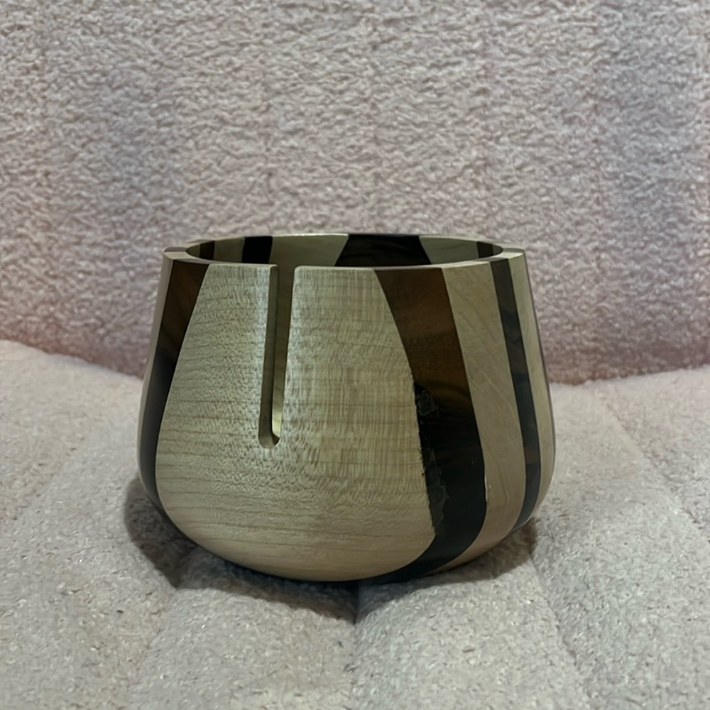 Handcrafted Striped Wood Yarn Bowl in Natural and Dark Brown